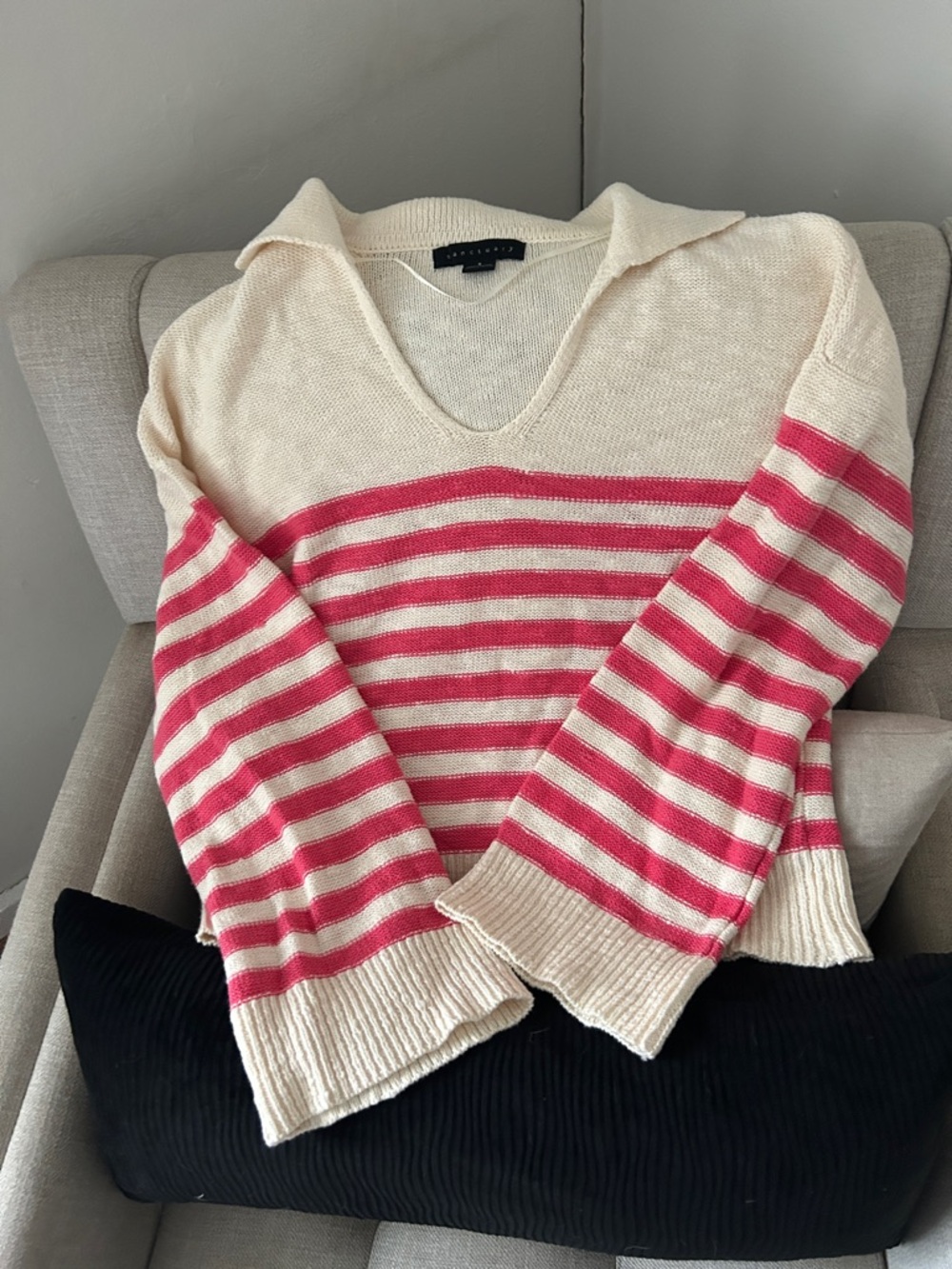 Sanctuary Cream and Pink Striped V-Neck Sweater